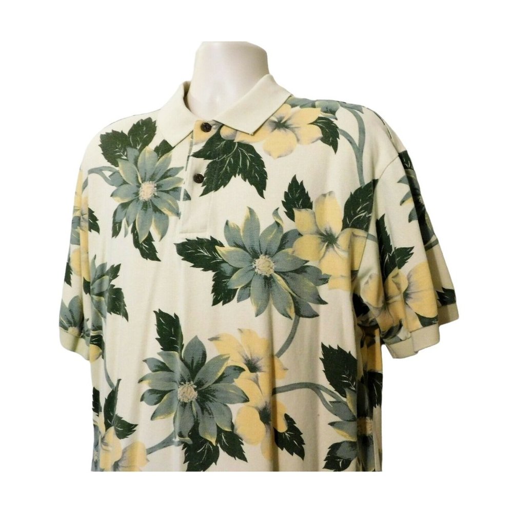 Nautica Polo Shirt XL Tan Green Floral Tropical Short Sleeve Stretch 100% Cotton